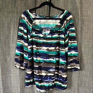 Elementz striped blouse 3/4 sleeve tunic with chain neckline detail size XL